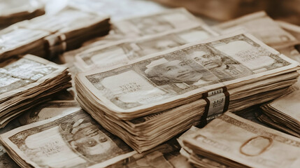 Stacks of old banknotes on a table, close-up view; sepia tone; possible use for finance, banking, or history articles