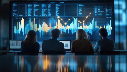 Informed Decision Team Analyzing Data on Large Screen in Office