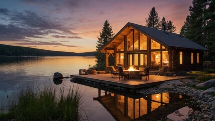 Fototapeta premium Lakeside Cabin Retreat at Dusk with warm fire and serene landscape at twilight