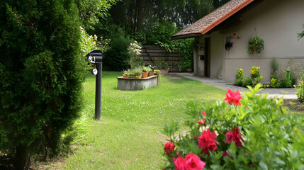 Suburban garden with flowers, house, and green lawn; peaceful backyard scene