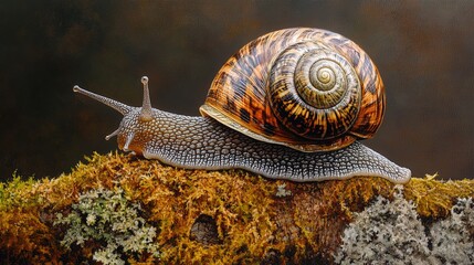 A close-up of a snail slowly crawling along a mossy log, with intricate textures and natural colors