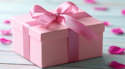Obraz premium Elegant Pink Gift Box with Ribbon Rose Petals Romantic Present