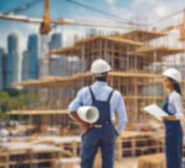 Construction, construction workers on site. blurred Background