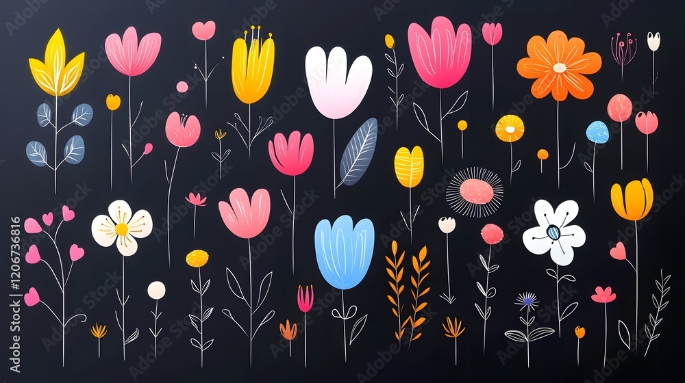 Poster This captivating image features a stunning array of luminous floral patterns with soft  glowing hues against a dark black background  showcasing a modern and elegant design style  The lush