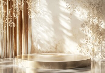 Fototapeta premium Golden podium in sunlit room with beige plants and curtains.