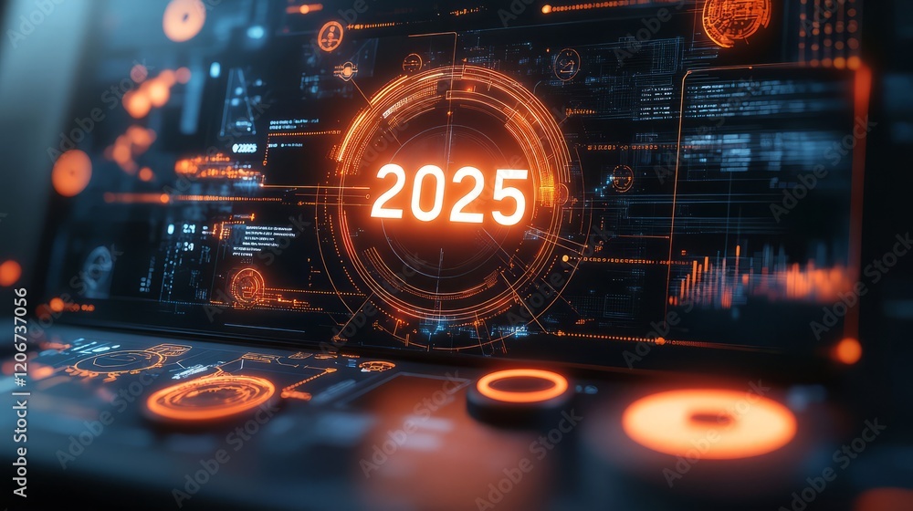 Aufkleber futuristic digital interface displaying the year 2025 with glowing elements.