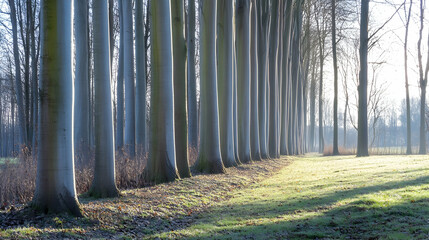 Sunlit tree-lined avenue, winter morning mist, tranquil park, nature background