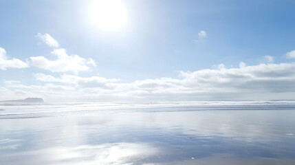 Obraz premium Sunny beach ocean reflecting sky, tranquil waves, peaceful coastal landscape; perfect for travel brochures