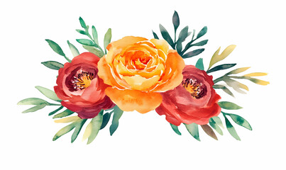 Watercolor floral bouquet, autumn hues, white background, wedding invite