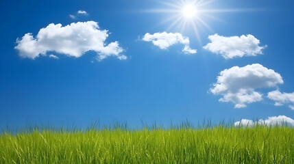 Sunny day, green field, blue sky, fluffy clouds; perfect for nature, summer, or environmental themes