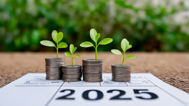 Green sprouts growing from coins symbolizing financial growth and sustainability.