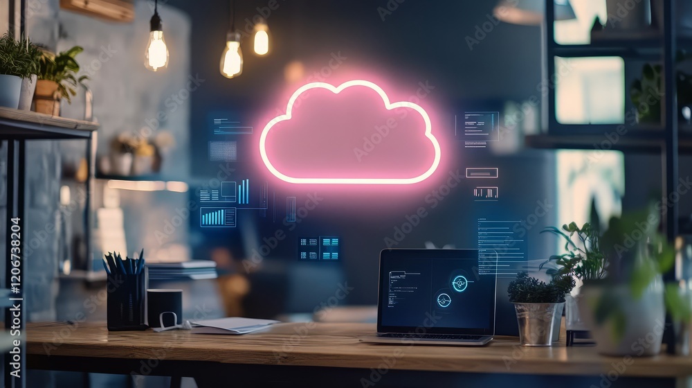 Poster modern workspace featuring a glowing cloud symbol on a digital interface with a laptop.