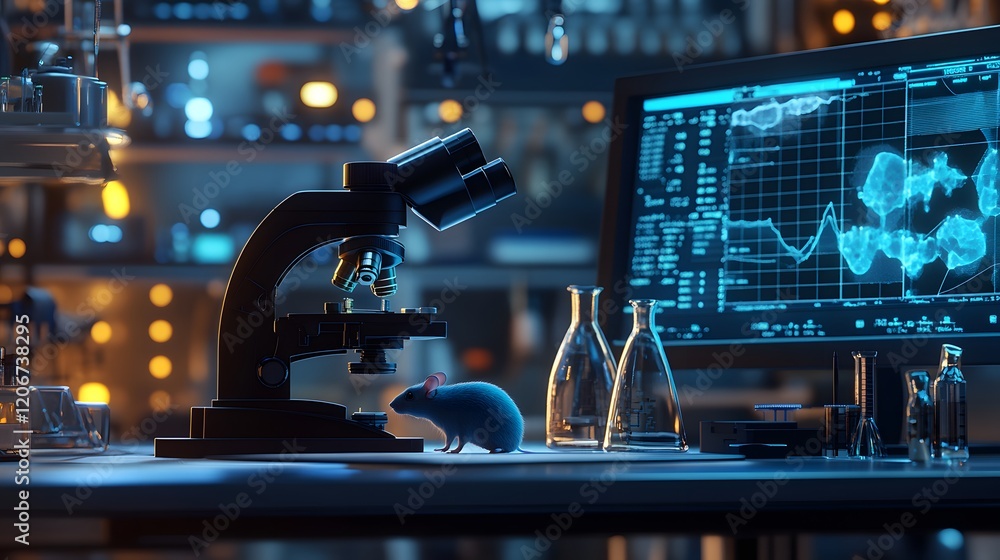 Aufkleber laboratory mouse near microscope and computer screen