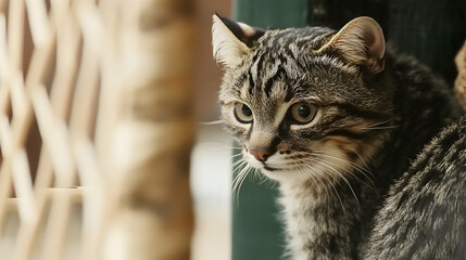 Tabby cat portrait, outdoors, garden background, pet photography, website banner