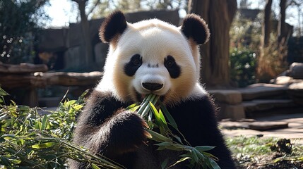 Obraz premium A close-up of a panda munching on bamboo in a peaceful forest, showcasing the beauty of this endangered species