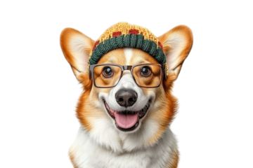 Corgi wearing knitted hat and glasses isolated on white or transparent PNG