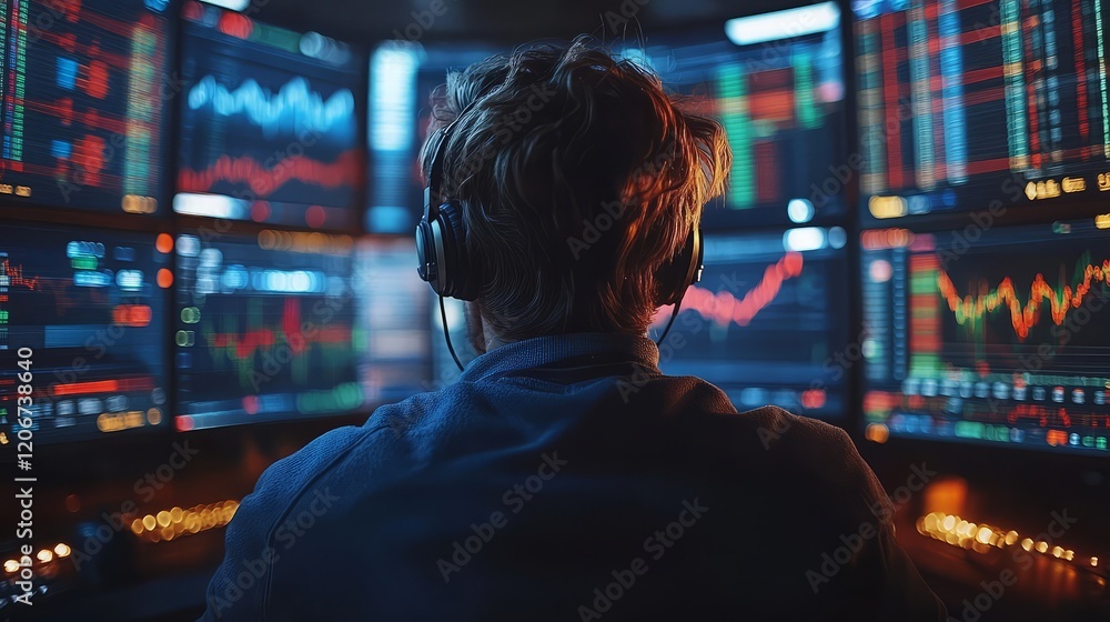 Poster professional trader analyzes stock market data on multiple screens.