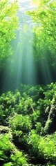 Fototapeta premium Underwater Oasis Serene Sunlight Beams Through Lush Aquatic Plants Vibrant Green Ecosystem