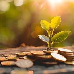 A small plant is growing on top of a pile of coins