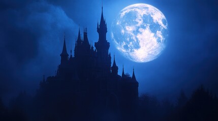 Obraz premium A mystical castle silhouette against a large, bright moon in a dark, atmospheric setting.