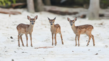 Obraz premium Three deer fawns on a tropical beach, palm trees background; wildlife, nature photography