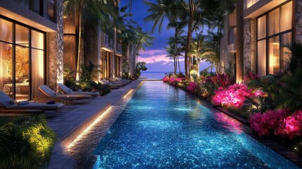 Fototapeta premium Serene pool at luxury resort, surrounded by vibrant flowers and palm trees at dusk.