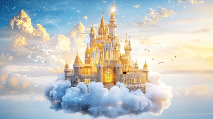 Golden castle above clouds enchanted sky in a fantasy realm