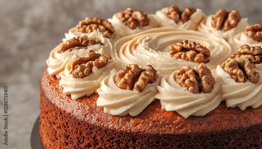 Fototapete A moist carrot cake with cream cheese frosting and walnuts isolated against a soft grey backdrop