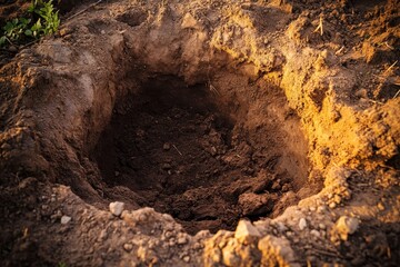 Dug hole in brown soil, ready for planting.