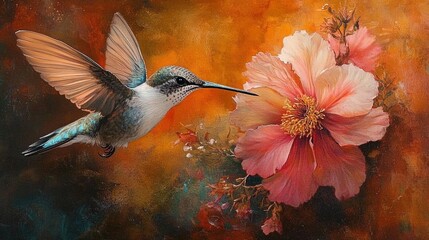 A close-up of a hummingbird&acirc;&euro;&trade;s delicate feathers as it hovers in front of a brightly colored flower