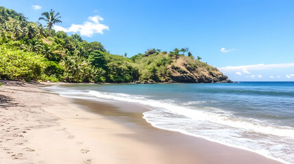 Fototapeta premium Tropical beach paradise, calm ocean waves lapping sandy shore, lush green hills in background; perfect travel vacation postcard
