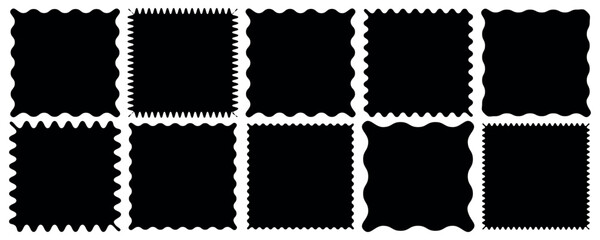 Zigzag frame set. Zigzag edges rectangle shape labels, banners, tags, stamps. Scallop edge shape set.  jagged rectangular shape box element set with zigzag edges on white background. 