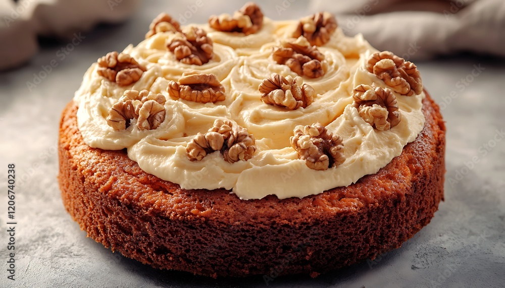 Fototapete a moist carrot cake with cream cheese frosting and walnuts isolated against a soft grey backdrop