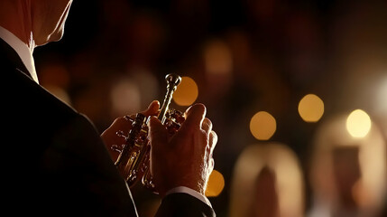 Trumpet player performing on stage, candlelight background, concert, musical performance