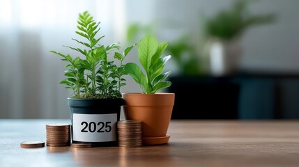 Two potted plants symbolize growth and prosperity, representing the year 2025.