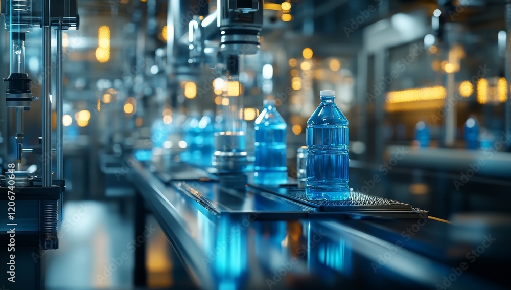 Poster automated water bottle production line in modern factory.
