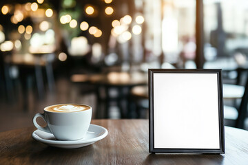 Empty vertical frame with white space on a wooden table next to a cup of coffee with latte art, blurred cafe background. Mockup photography with copy space for menu or design