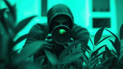 Stalker Spying in Danger Situation. Mysterious figure with a camera hidden among green foliage.