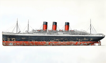 Fototapeta premium Vintage ocean liner model, studio shot, white background, nautical design