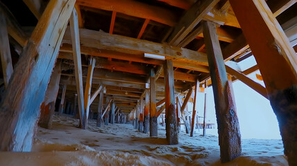 Underneath Beach Pier Structure, Sand, Ocean View, Coastal Travel