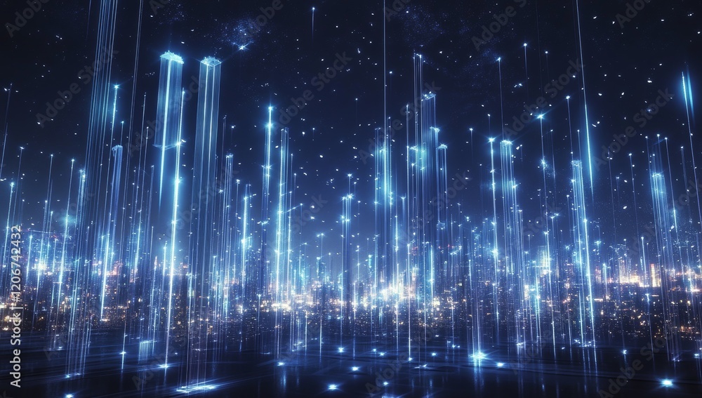 Poster glowing blue lines rising from a city at night, representing digital data streams or network connect