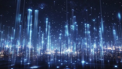 Obraz premium Glowing blue lines rising from a city at night, representing digital data streams or network connections.