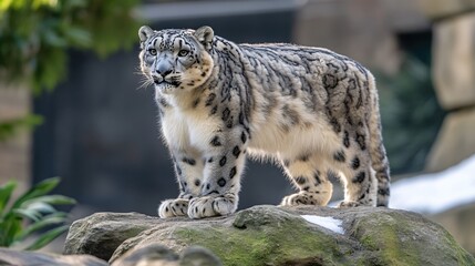 Majestic Snow Leopard on Rocky Outcrop Winter Habitat Wildlife