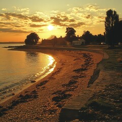 Serene Beach at Sunset: Tranquil Scene with Soft Clouds and Golden Light