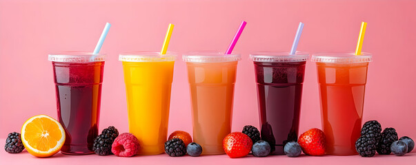 Colorful fruit juice cups, pink backdrop