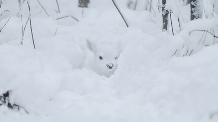 White deer fawn hiding in snowy winter forest; wildlife photography for nature publications