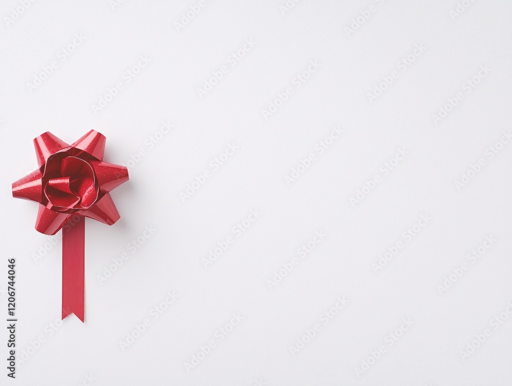 Poster a soft-focus image of a red ribbon tied into a simple bow on a gift box corner, with the rest of the