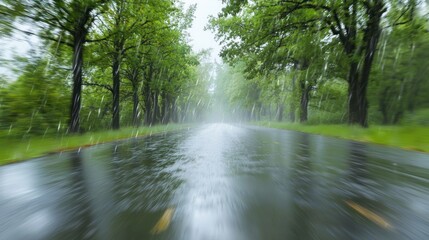 Naklejka premium Driving Through a Lush Green Forest During a Summer Rainstorm