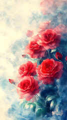 Red roses watercolor garden art print