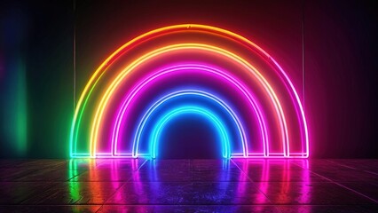 Rainbow Neon Lights Archway, Dark Room, Reflective Floor, Abstract Background, Ideal for Event Promotion